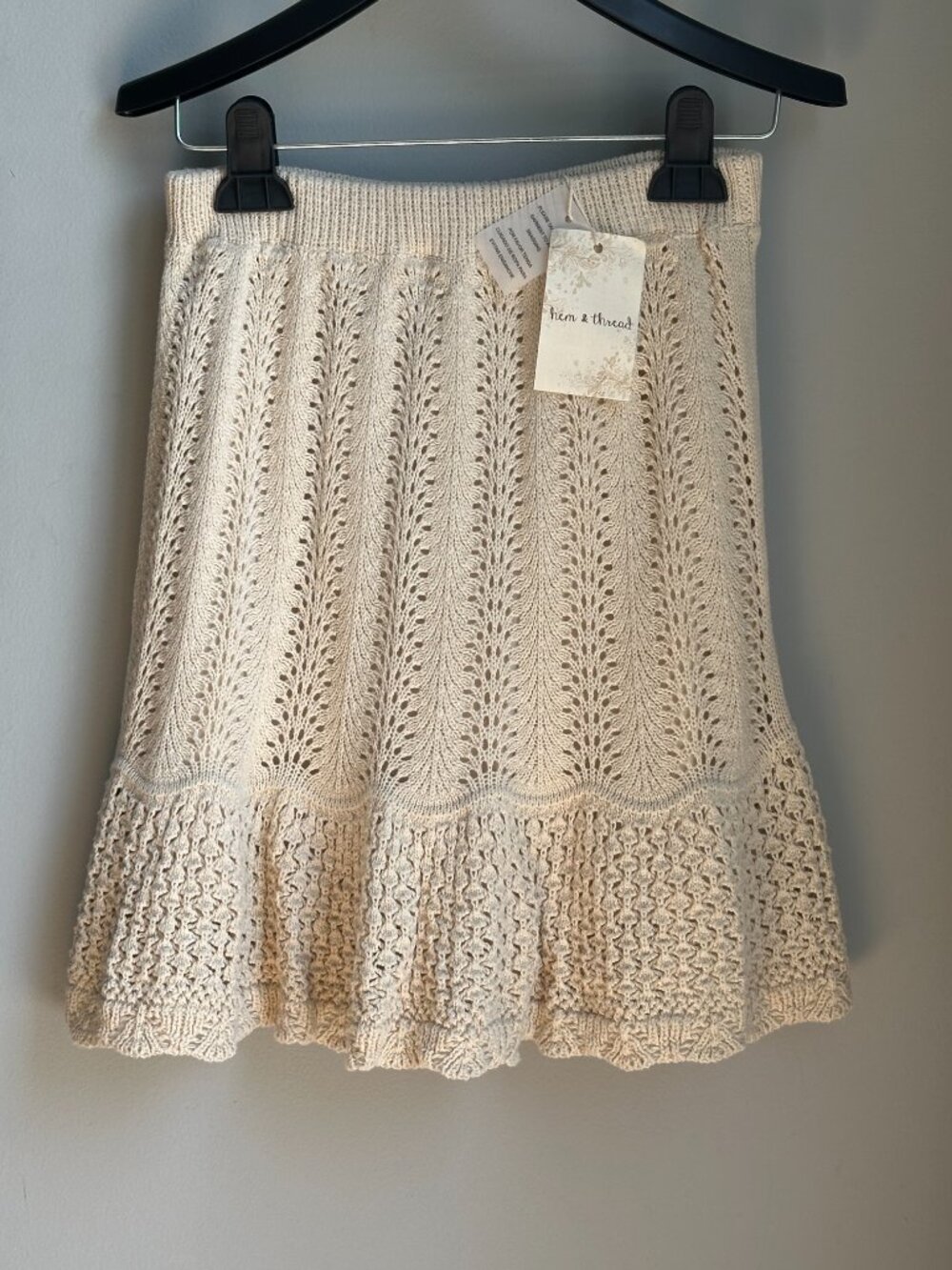 HEM & THREAD Crochet Open Knit Mini Skirt Cream NWT